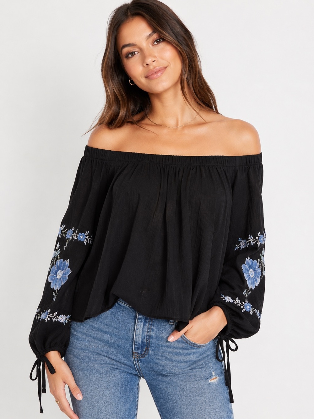 American Eagle Black Off Shoulder Embroidered Peasant Top Small Boho Floral